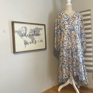 Joie Blue Floral Lightweight Floral Field Long Sleeve Tiered Maxi Dress Sz L NWT